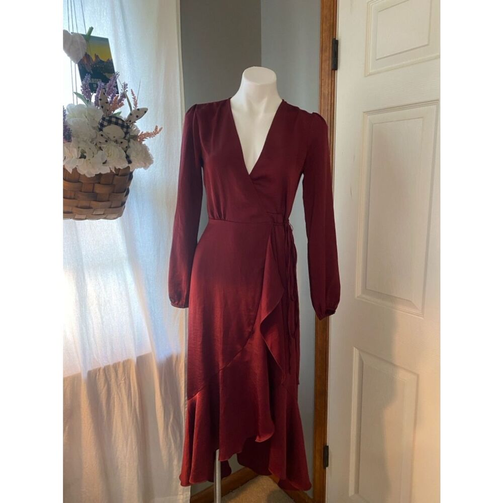 Wayf Burgundy Long Sleeve Wrap Midi Dress
